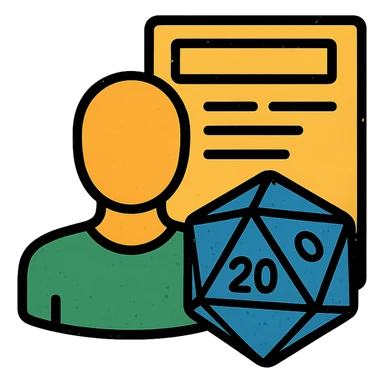 minimalist icon representing Player for DnD TTRPGs with silhouette, D20 dice, or character sheet, worn and distressed look sticker
