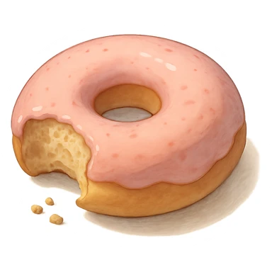 Bitten donut in Ghibli style, detailed, soft colors, with no background sticker