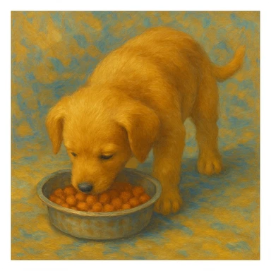 Make the dog a cute puppy eating dog food, keep the same style as the original image. sticker