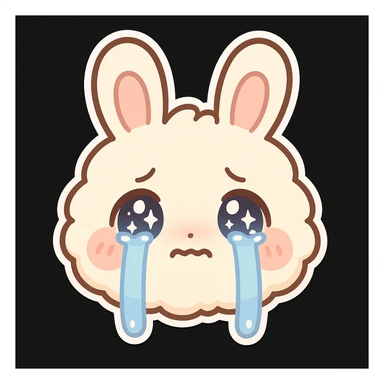kawaii chibi-style bunny emoji with a round fluffy face, sparkly eyes, blushing cheeks, pastel color palette, crying mood, soft rounded design, anime-style, black background, vector art sticker