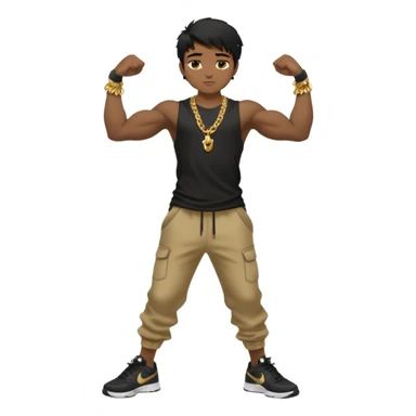 full side body close up view of muscular 13yo boy with veiny hands arms and biceps. has messy black hair with dark-tan skintone with black tshirt. has gold chain and nike shoes with baggy pants sticker