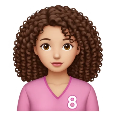Curly hair Median, Brunette, wearing a pink blouse with *87* written on it. sticker