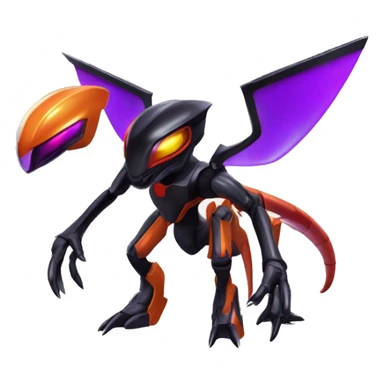 a shiny metallic black-purple-red-orange Genesect-Flygon-Raptor-Fakémon-Medabot-hybrid with a futuristic visor-helmet full body sticker
