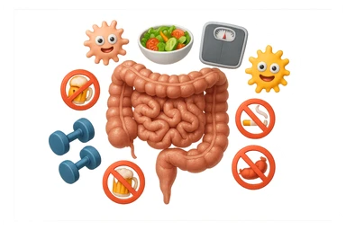 intestino umano anatomico realistico al centro, intorno al quale ruotano emoji stile iphone di: due batteri intestinali felici, una bowl di insalata, una bilancia pesapersone, manubri da palestra, e un boccale di birra con divieto 3d sopra, una sigaretta con divieto 3d sopra e un wurstel con divieto 3d sopra, fluttuano in aria, iperrealistico 4k sticker