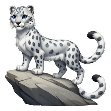 cinematic-snow-leopard-realistic-full-body-standing-emoji,-muscular-yet-graceful-body-balanced-on-rocky-cliffs,-long-fluffy-tail-swirling-behind,-head-tilted-dramatically,-thick-ghostly-white-fur-speckled-with-black-rosettes,-piercing-icy-blue-eyes,-simplified-yet-realistic-focused-features,-highly-detailed,-glowing-with-an-almost-sarcastic-glow sticker