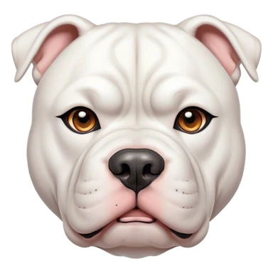 Cinematic Noble White American Bulldog Portrait Emoji, Poised and regal, with a powerful, muscular build and a sleek, well-groomed pure white coat, deep-set soulful brown eyes, Simplified yet sharp and sophisticated features, highly detailed, glowing with a soft, dignified glow, high shine, intelligent and loyal, stylized with an air of strength, focused and attentive, soft glowing outline, capturing the essence of a watchful and confident guardian, so majestic it feels as though it could step out of the screen with effortless authority! sticker