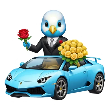 budgie in a lambo in a suit holding roses bouquet sticker