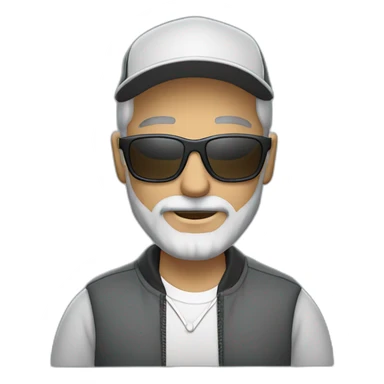 gray-haired man with a beard and mustache in sunglasses wearing a baseball cap on his head in a sports jacket sticker