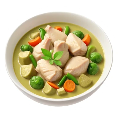 Green Chicken Curry Cinematic Realistic Green Chicken Curry Dish Emoji, depicted as tender chicken chunks simmered in a fragrant green curry sauce with vegetables, rendered with vivid textures and dynamic, vibrant lighting. sticker