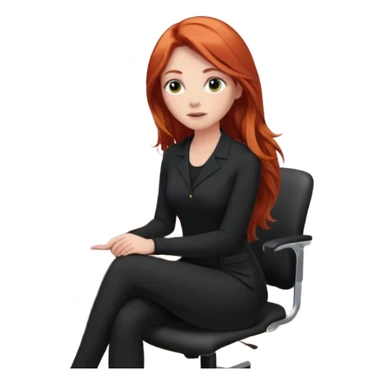 Video call therapy session: red-haired therapist with long hair wearing black minimalist clothing, seated in a professional home office, looking at the webcam; calm, modern teletherapy setting sticker