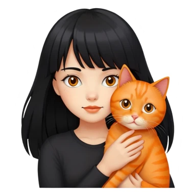 A girl with long black hair and bangs is holding a orange cat sticker