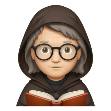 Monk priest prayer black habit with hood round black glasses done light brown wavy hair under hood remove the medallion smaller more round glassed age 46 no necklace more oval face hand holding book that says RB 480 top left is great add a little hair brown gray under hood  sticker