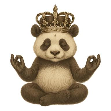 Add a regal crown to the panda's head, keeping the peaceful and mystical style. Remove the background to isolate the subject. Maintain the mystical and peaceful atmosphere of the original image. sticker