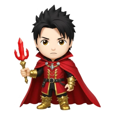 Vincent Valentine from Final Fantasy 7, chibi style, red cloak, golden gauntlet, spiky black hair, mysterious expression sticker