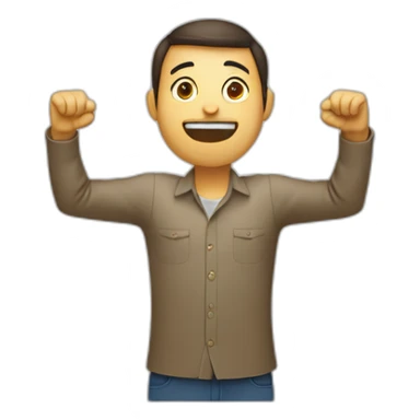 Person standing facing front with arms above head straight up and hands bending forward making claw shapes. Face has an underbite sticker