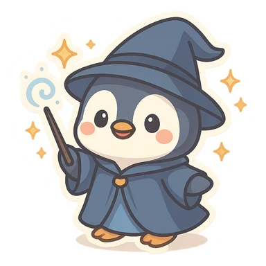 adorable penguin wizard, casting a spell, sparkles, blue robe, fantasy style sticker