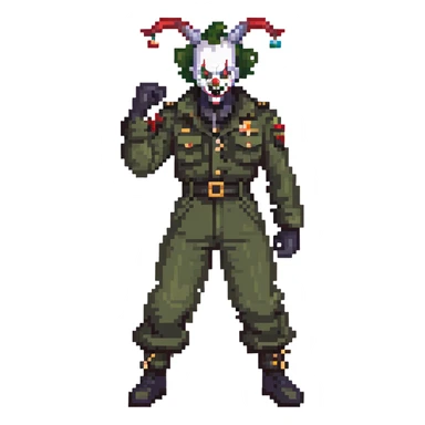 evil clown soldier, bald, small black satan horns on forehead, fangs, pointed ears, eye patch over one eye, black and military green clothes with bellbottom pants, realistically proportioned, less bulky, full body, fighting stance sticker