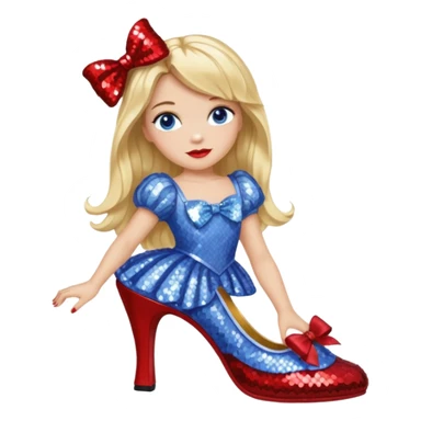 Dorothy Gale from Oz with long blonde hair, periwinkle sequin outfit, red bow sticker