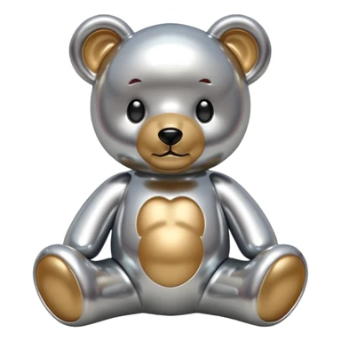 A cute teddy bear emoji made of liquid silver chrome, smooth rounded body, glossy metallic surface, soft reflections, friendly proportions, iOS emoji style, centered, clean white background sticker
