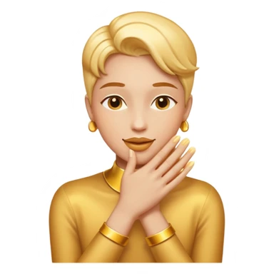 gender-neutral or slightly masculine person gently kissing their own glowing golden hands with admiration and pride, proud warm playful expression, emoji style, compact composition, clean lines, bold colors, smooth shading, minimal details, high readability, white or transparent background sticker