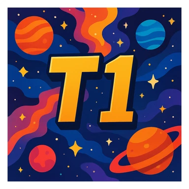 space theme with the words T1, vibrant cosmic background, stars, planets, and nebulae, text integrated into the scene sticker