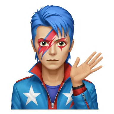 A male rockstar wearing Ebay brand colours and David Bowie face paint - showing more of his torso and blue hair sticker