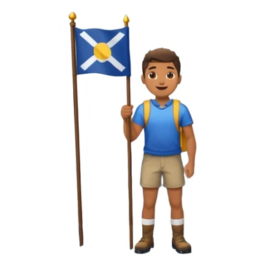 happy guy standing on top of a mountain with a little snow under his feet, holding a flag in his hand, with the mountain clearly visible under his legs sticker