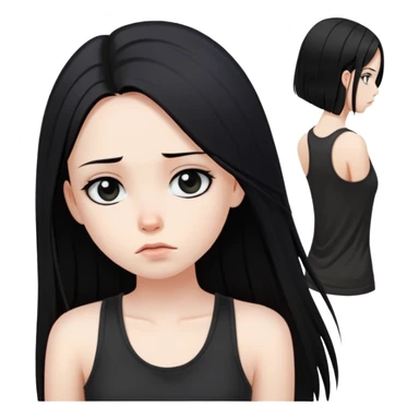 girl with long straight black hair, pale skin, dark eyes, black tank top, bored expression sticker
