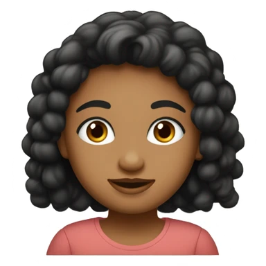 uma menina dos olhos pretos redondos e um pouco grandes e com pouquinha olheira, cabelos médios liso preto, lábios um pouco finos, blusa bege até o pescoço, sorriso quadrado sticker