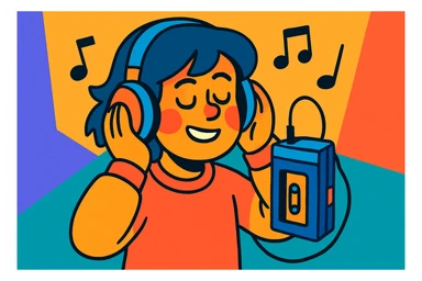 Stranger Things inspired character listening to music with headphones connected to a cassette tape player, vibrant toon style, wide aspect ratio 16:9 sticker