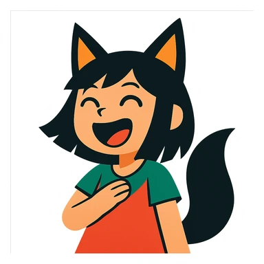 A girl with black fox ears and a tail, green eyes, dark hair, laughing sticker
