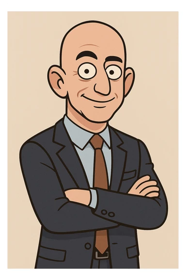 Jeff Bezos as a cartoon character, business attire, confident expression, bald head, fun and recognizable style sticker