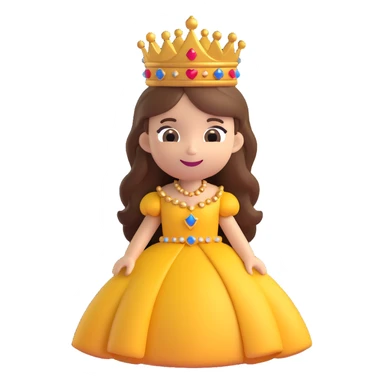 A cartoon-style princess emoji with long hair, wearing a golden crown, smiling softly, and dressed in a royal gown sticker