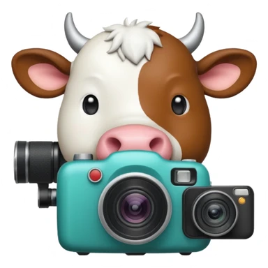 Emoji-style icon showing a cow and buffalo with a camera and image-upload symbol, representing taking a photo or selecting a file for breed detection. Simple, friendly, rounded design, clear at small sizes, teal and white accents, no text, transparent background. sticker
