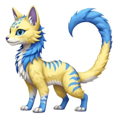 Kawaii yellow and blue beautiful pretty elegant divine edgy fantasy feline-vernid-sergal-fursona animal creature with a tufted tail full body with intricate markings  sticker