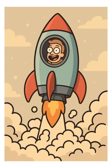 a rocket ship blasting off, vibrant colors, cartoon smoke, flat toon style sticker