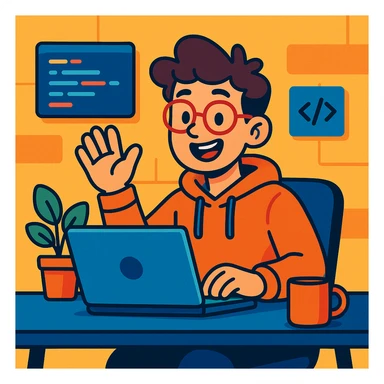 a cheerful young programmer at a laptop, waving and smiling, tech workspace, vibrant cartoon style sticker