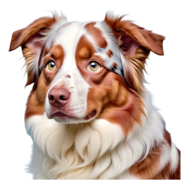 Cinematic Grumpy Predominantly White Red Merle Australian Shepherd Portrait Emoji, Head tilted slightly with a deeply unimpressed expression, thick predominantly white fur with bold red merle markings, large, droopy blue eyes narrowed into an unamused glare, ears slightly drooping in exasperation, Simplified yet comically expressive features, highly detailed, glowing with a dry, sarcastic glow, high shine, effortlessly judgmental yet dignified, stylized with a touch of cynicism, bright but brooding, soft glowing outline, capturing the essence of an eternally unimpressed yet endearing pup, so lifelike it feels like it could sigh heavily at you in disdain at any moment! sticker