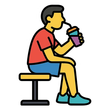 one man sitting on a gym bench sipping a smoothie, icon style, minimal and recognizable sticker