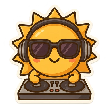 A smiling sun with headphones and DJ turntables, wearing stylish sunglasses, chibi stickers style, energetic and playful sticker