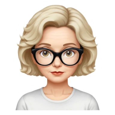 white woman about 50 years old with light warm skin, wide face, wavy black neck-length 80s short hair, low volume, neutral expression, large black shiny butterfly or cat-eye glasses, white casual t-shirt sticker