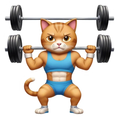 A muscular cartoon cat lifting a barbell in a gym, wearing a sweatband, with determined expression, surrounded by gym equipment, vibrant and dynamic, emoji style. sticker