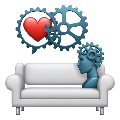 An icon featuring a human head silhouette with gears and a heart inside, symbolizing psychology. The design includes a therapy couch and a speech bubble, representing mental health and communication. Transparent background highlights the study of the human mind and behavior. sticker