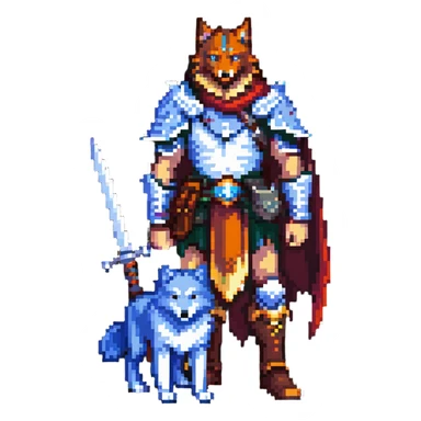 8-bit fantasy warrior standing beside loyal wolf companion sticker