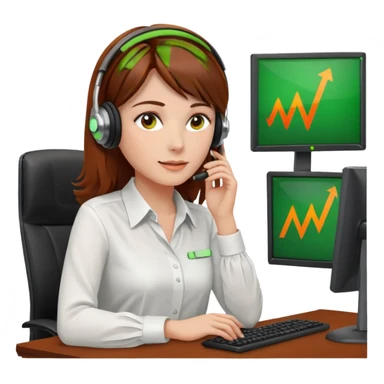 a woman, brown hair, middle european, sitting in the office in front of a computer, wearing a blouse and a headset. she is controling the limits on screen. green = ok, orange = am Limit, rot = überschritten sticker