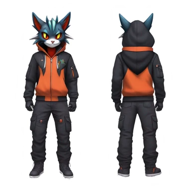 Cool Anthro Noivern-Litten-Vampiric-Pokémon with edgy stripes hoodie spiked collar punk techwear Cargo Pants Full Body sticker