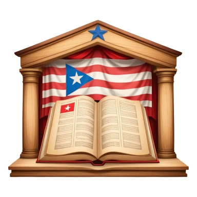 Timeless open book with visible pages of hand-drawn theater backdrop sketches, stage layouts and set designs, Puerto Rican flag motifs integrated throughout, wooden cover with theater symbols, warm light sticker