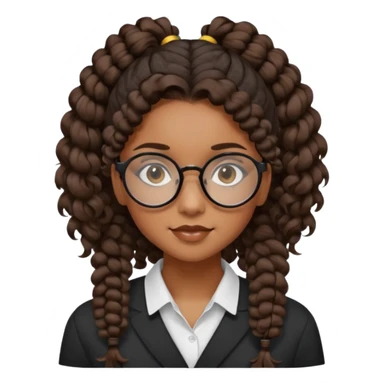 chica morena de ojos claros con gafas negras exagonales redondeadas. y pelo rizado castaño con todo el pelo recogido en una coleta .. Con todo el pelo recogido un clen look solamente una coleta tiene 16 años sticker
