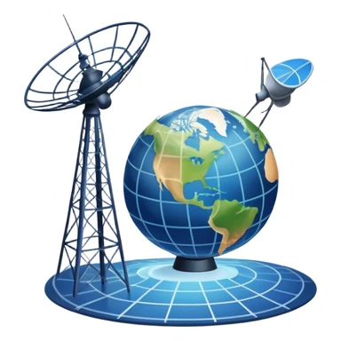 An icon featuring a satellite dish, cell tower with signal waves, and an earth, connected by lines, symbolizing telecommunications. The design includes data signals, network nodes, and a mobile device, representing global digital communication. Transparent background sticker
