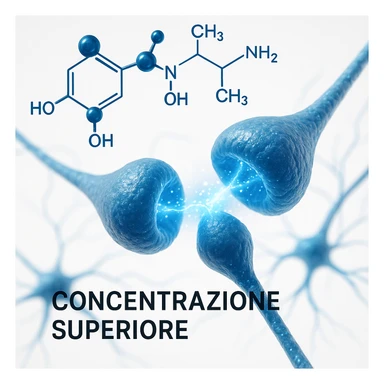 Citicolina che stimola la concentrazione, iper realistico, molecola blu che attraversa sinapsi luminose, scritta 'Concentrazione superiore', atmosfera scientifica, sfondo bianco sticker